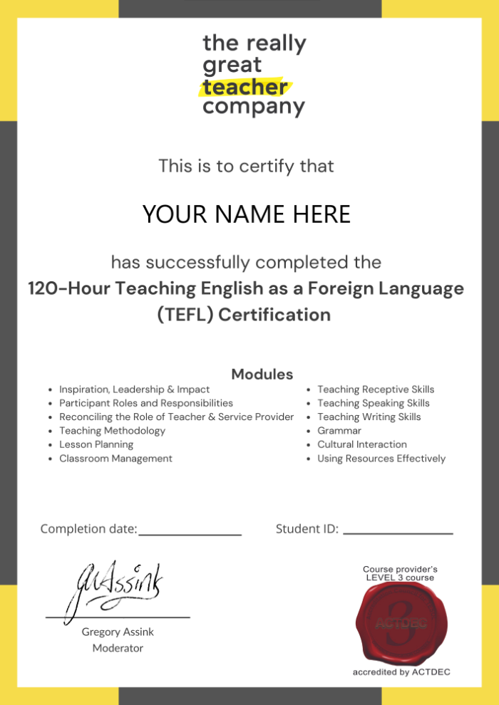 TEFL 120hr Accredited The Really Great Teacher Company